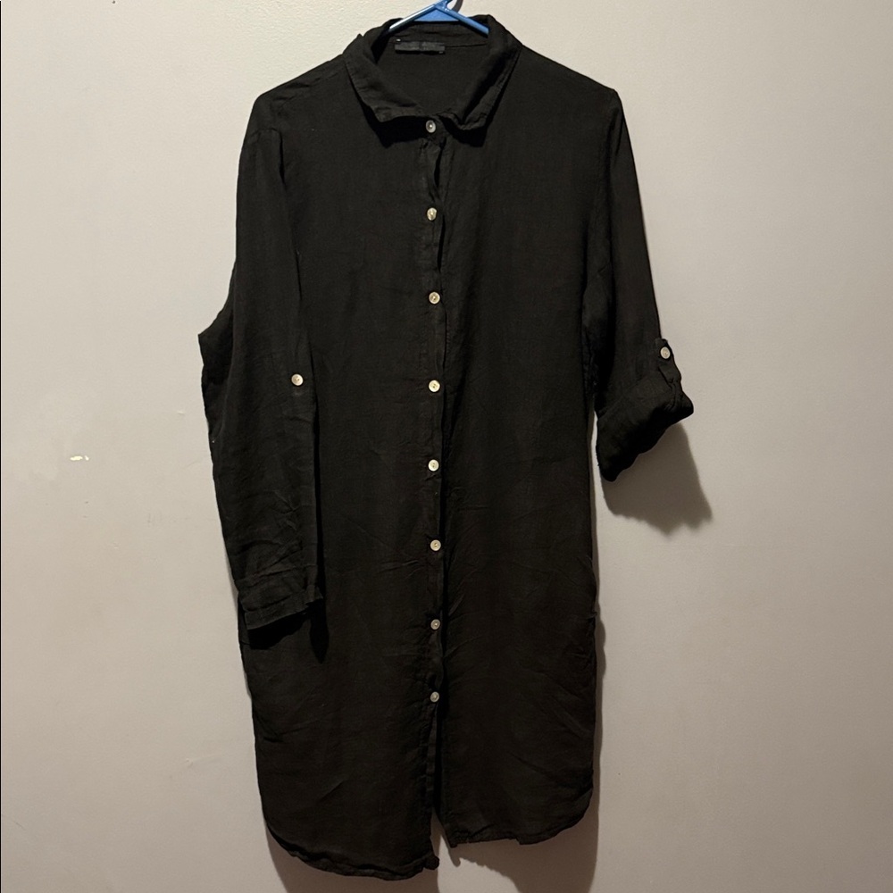 MEO MELI Black Button-Up Shirt Dress lightweight 100%LINO MADE IN ITALY